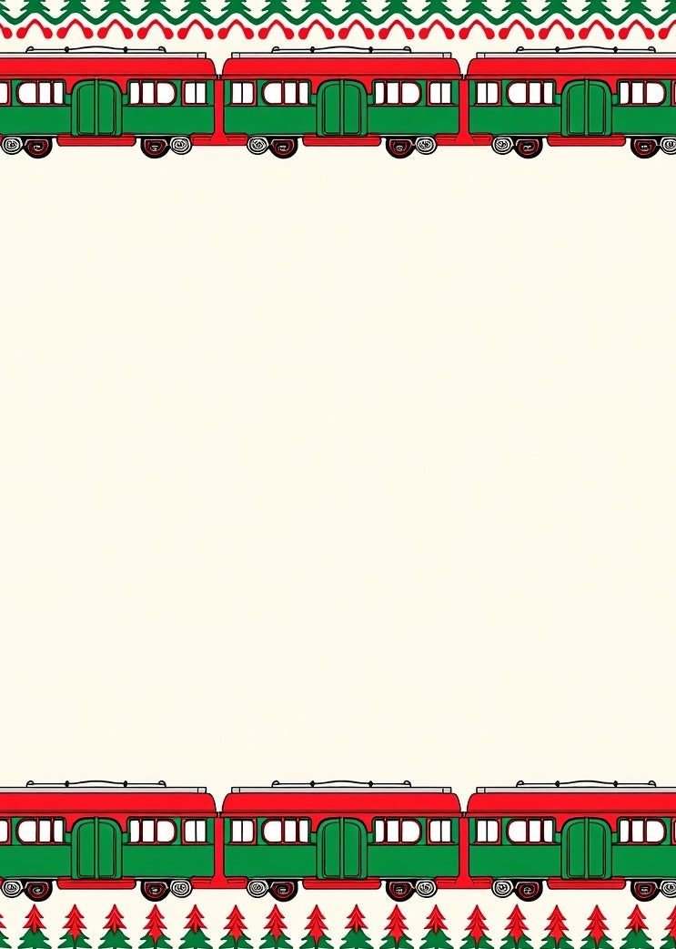 Festive Red Green Train Border Rug