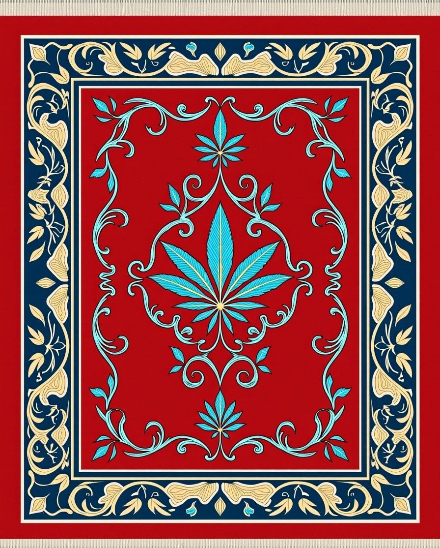 Crimson Red Turquoise Leaf Scroll Rug