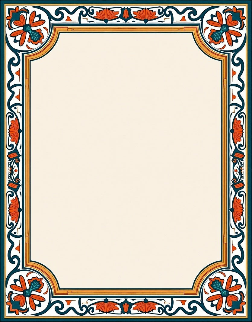 Orange Teal Floral Scroll Frame Rug