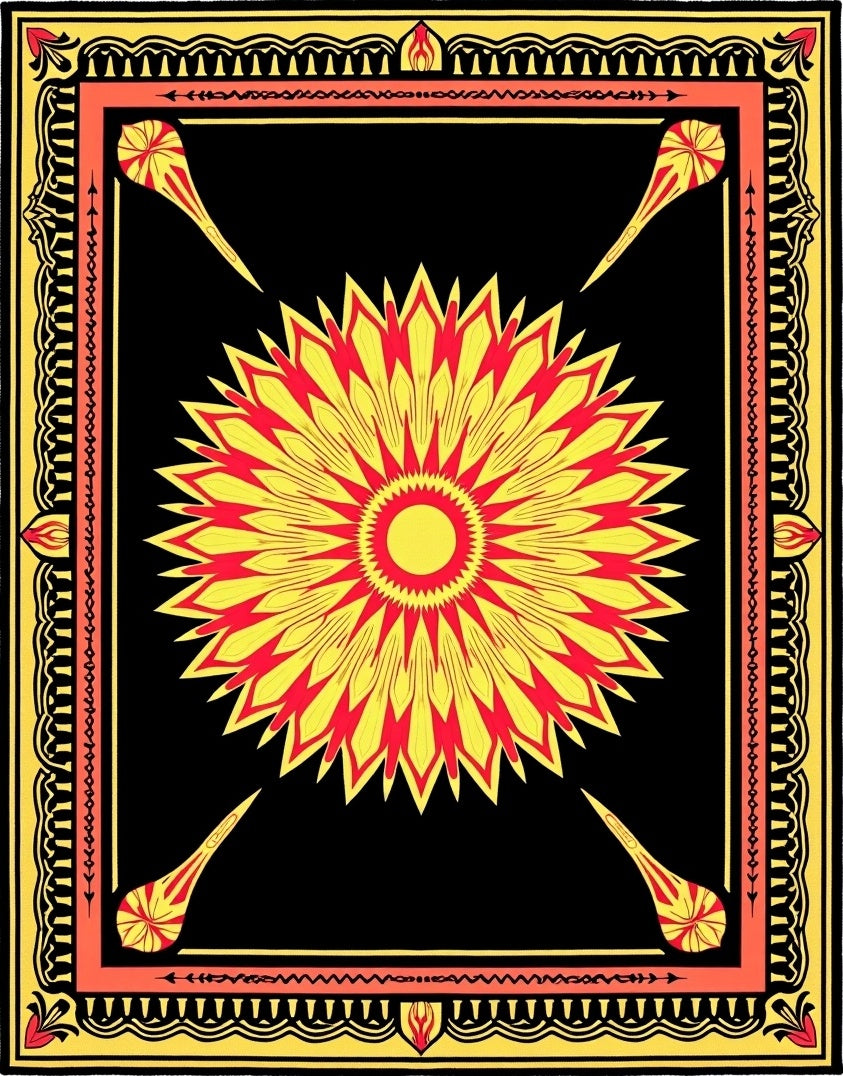 Bold Yellow Sunburst Mandala Frame Rug
