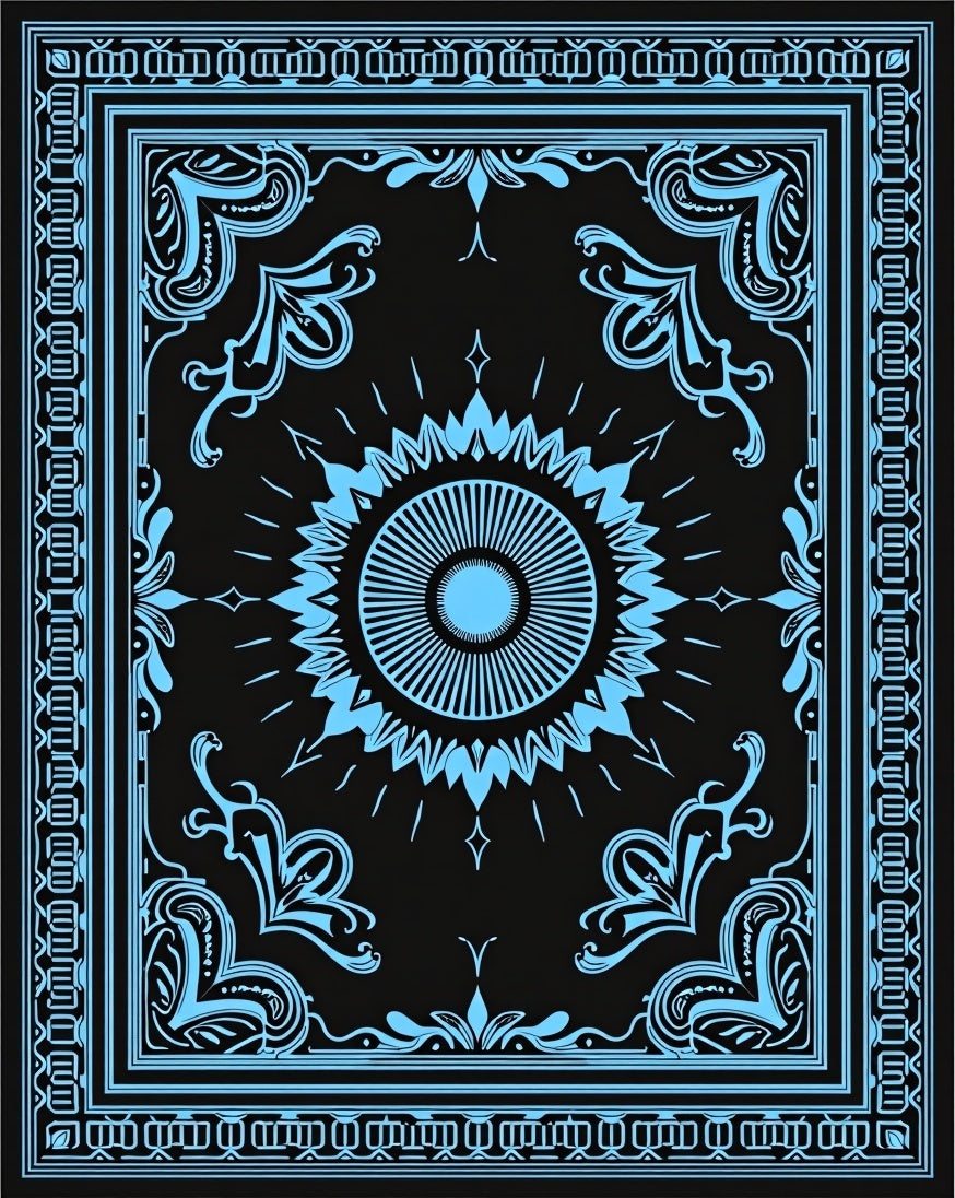 Electric Blue Sunburst Floral Border Rug