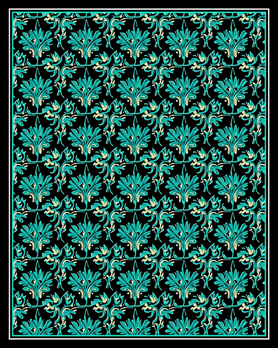 Teal Black Flourishing Vine Scrollwork Rug