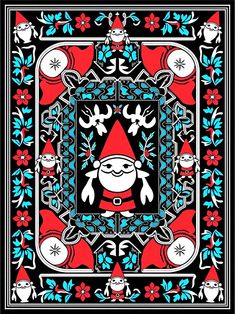 Whimsical Gnome Red Aqua Floral Border Rug