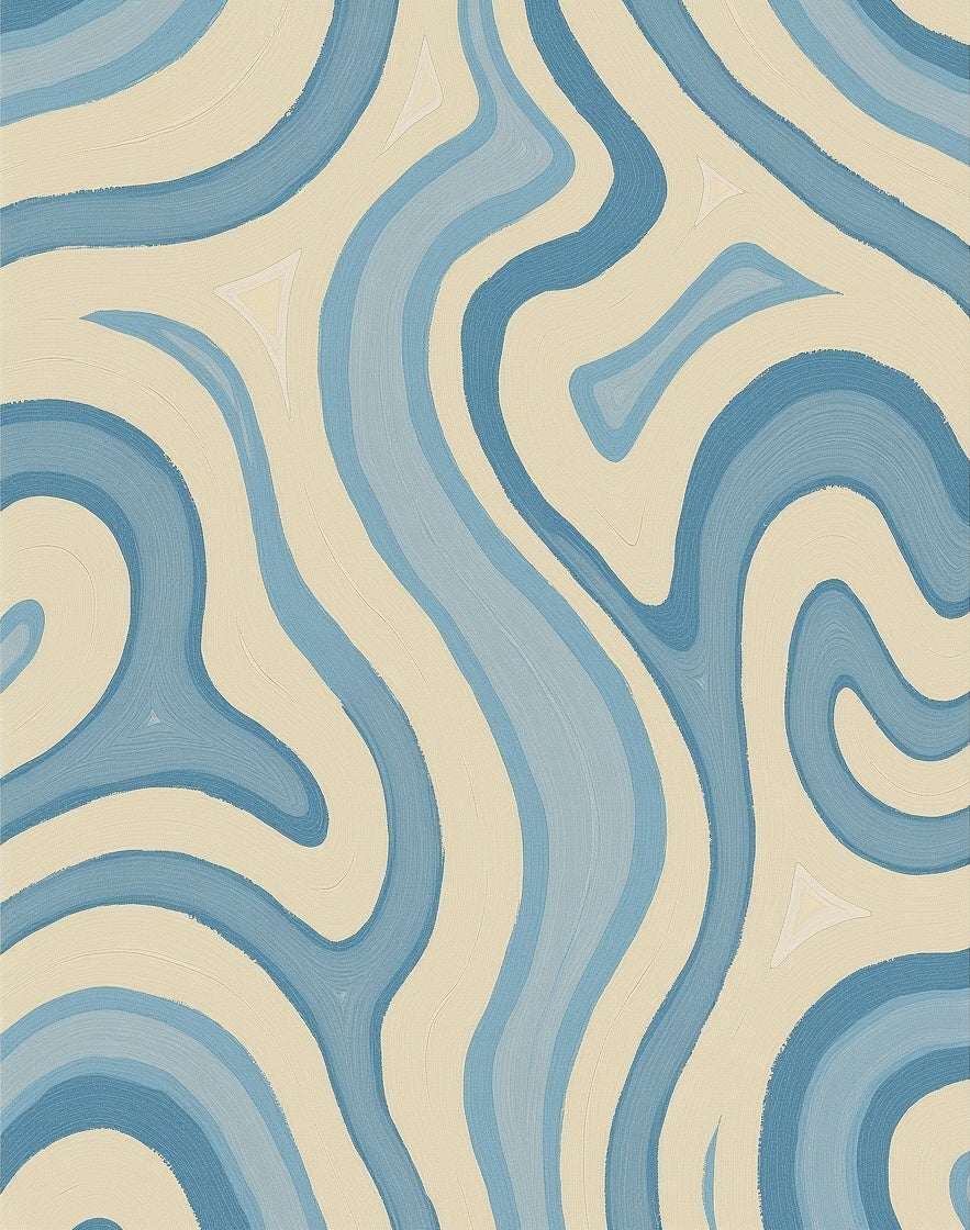 Cream Blue Abstract Swirl Rug
