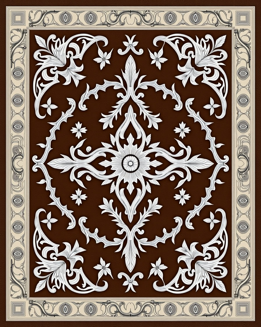 Ornate White Filigree Brown Botanical Rug