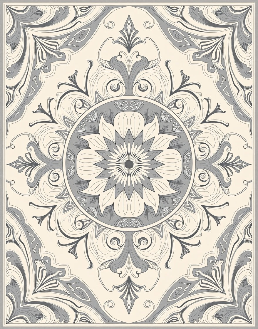 Elegant Cream Gray Floral Mandala Rug