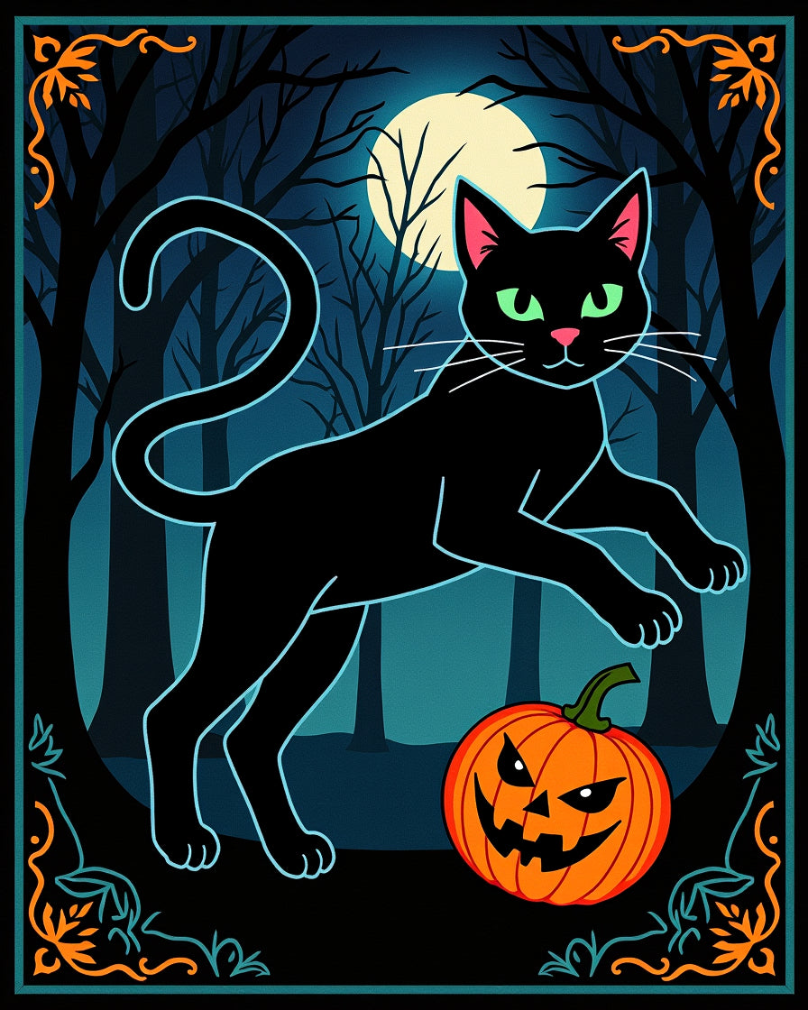 Spooky Black Cat Pumpkin Moonlit Forest Rug