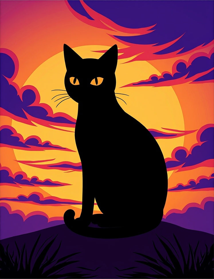 Black Cat Sunset Orange Purple Clouds Rug