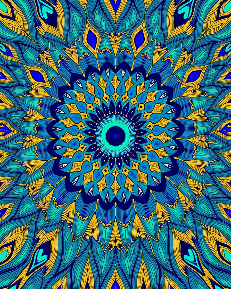 Vibrant Teal Yellow Feather Mandala Rug