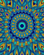 Vibrant Teal Yellow Feather Mandala Rug