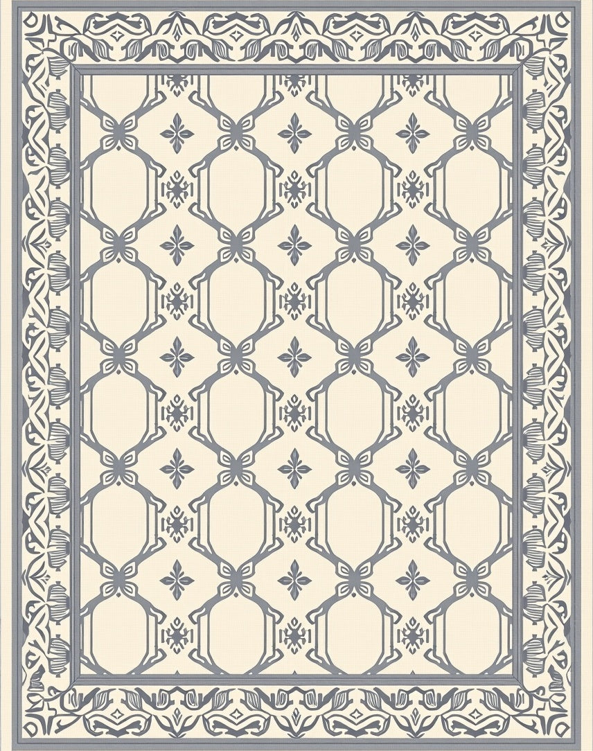 Cream Gray Ornate Lattice Border Rug