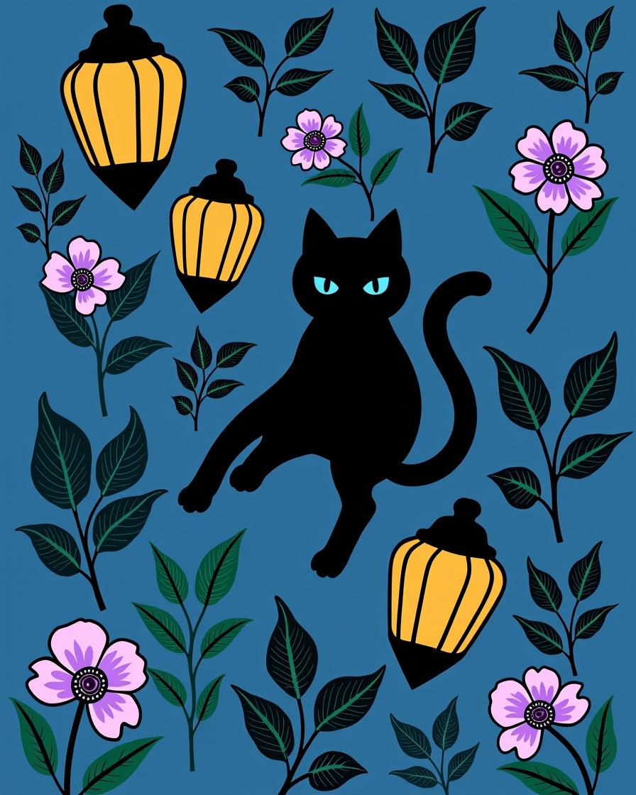 Midnight Black Cat Floral Lantern Bloom Rug