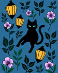 Midnight Black Cat Floral Lantern Bloom Rug