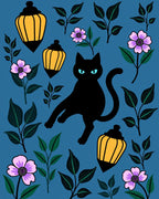 Midnight Black Cat Floral Lantern Bloom Rug