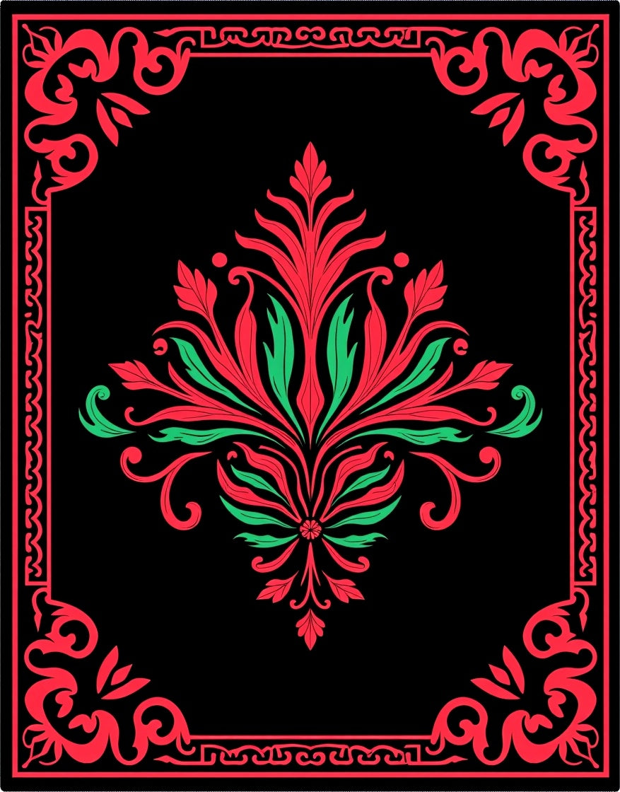 Crimson and Green Baroque Floral Frame Rug