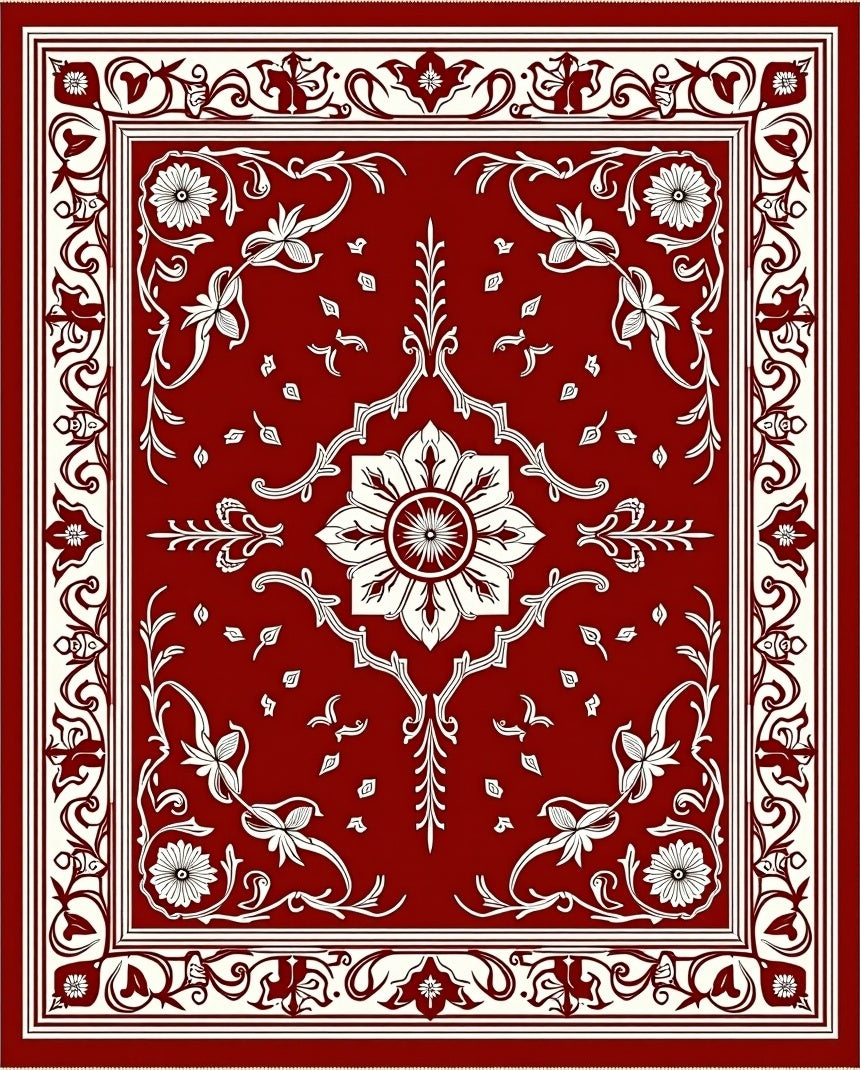 Deep Red Floral Vine Square Rug