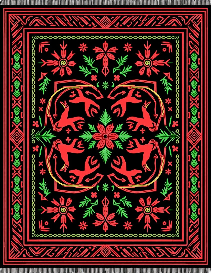 Bold Red Green Animal Floral Arrangement Rug