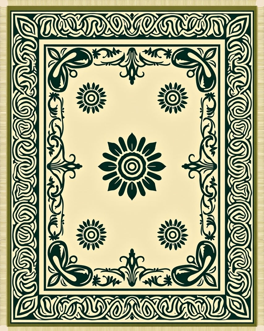Dark Green Floral Medallion Cream Rug