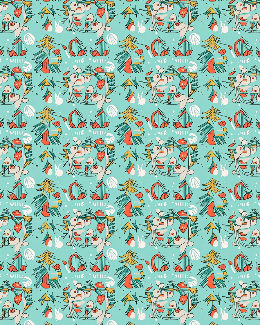 Teal Red Whimsical Figural Forest Rug