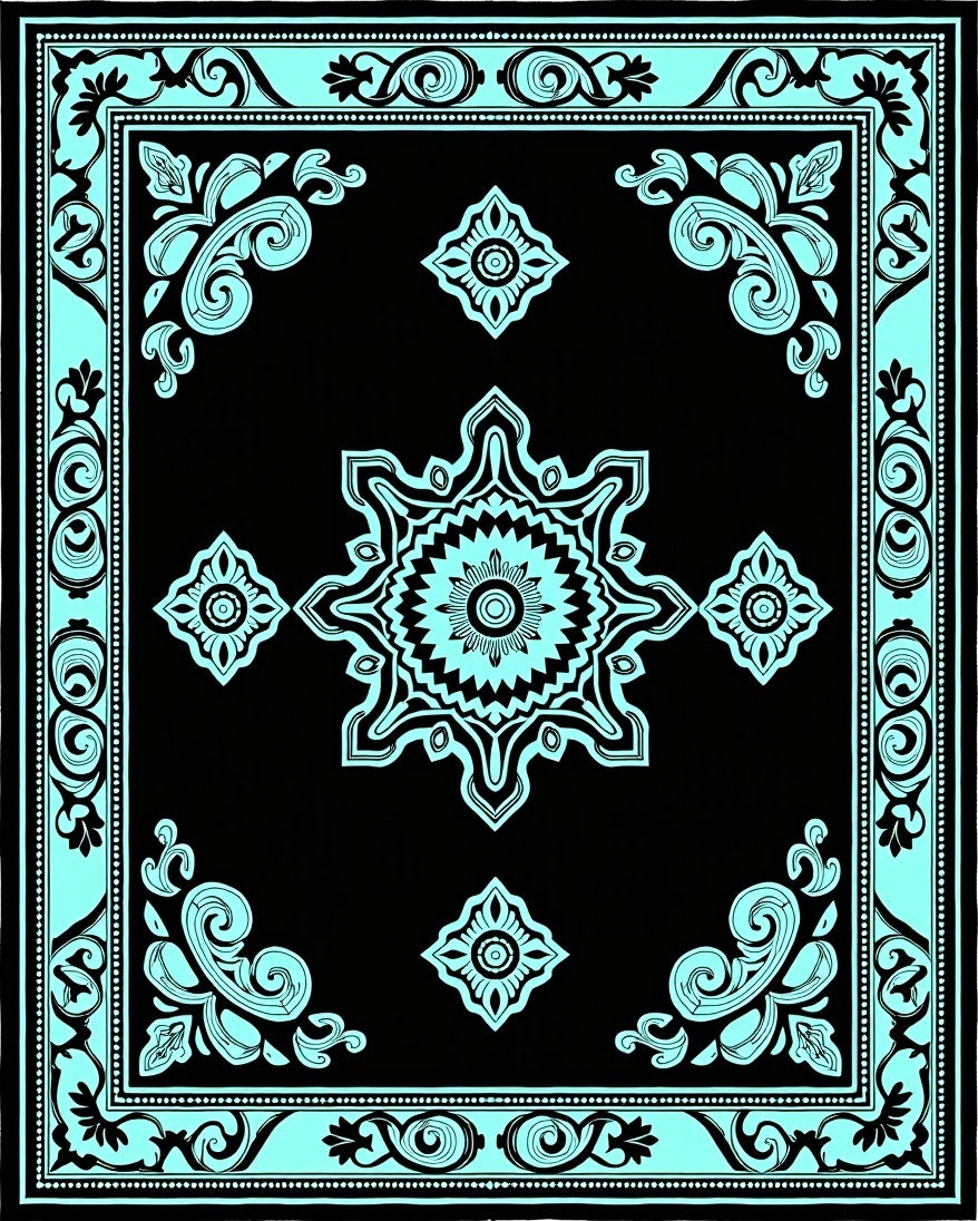 Black Aqua Floral Medallion Border Rug