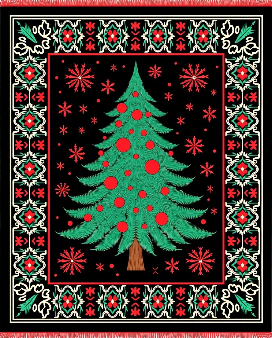 Festive Green Christmas Tree Black Medallion Rug