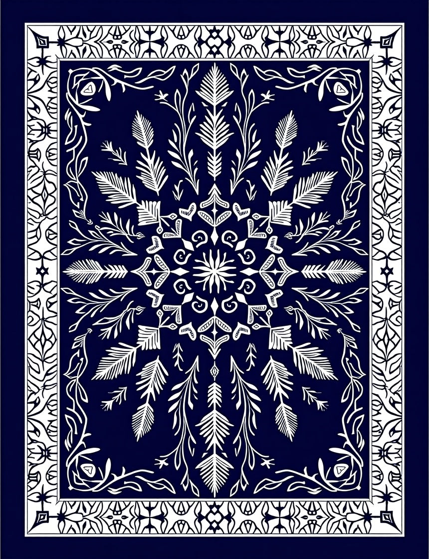 Deep Blue White Symmetrical Floral Medallion Rug