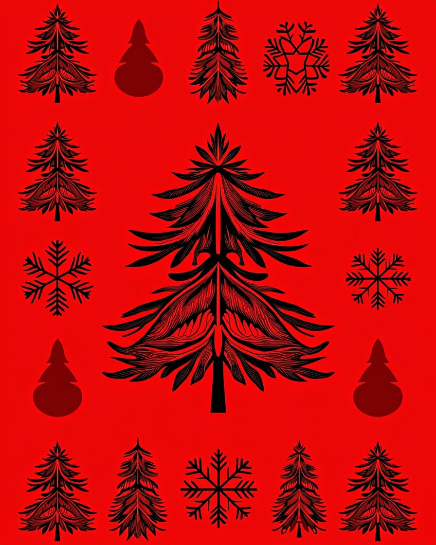 Festive Black Pine Tree Snowflakes Red Background Rug