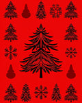 Festive Black Pine Tree Snowflakes Red Background Rug