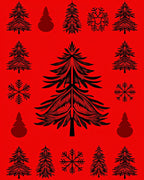 Festive Black Pine Tree Snowflakes Red Background Rug