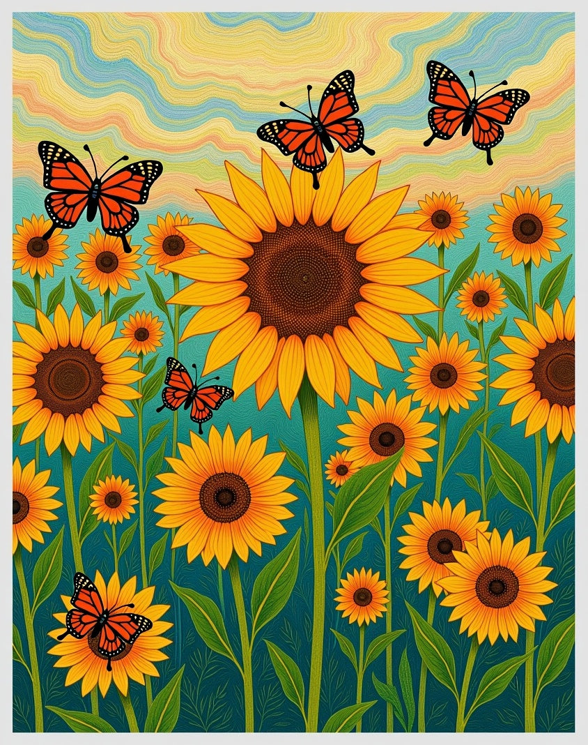 Orange Butterfly Sunflower Field Rug