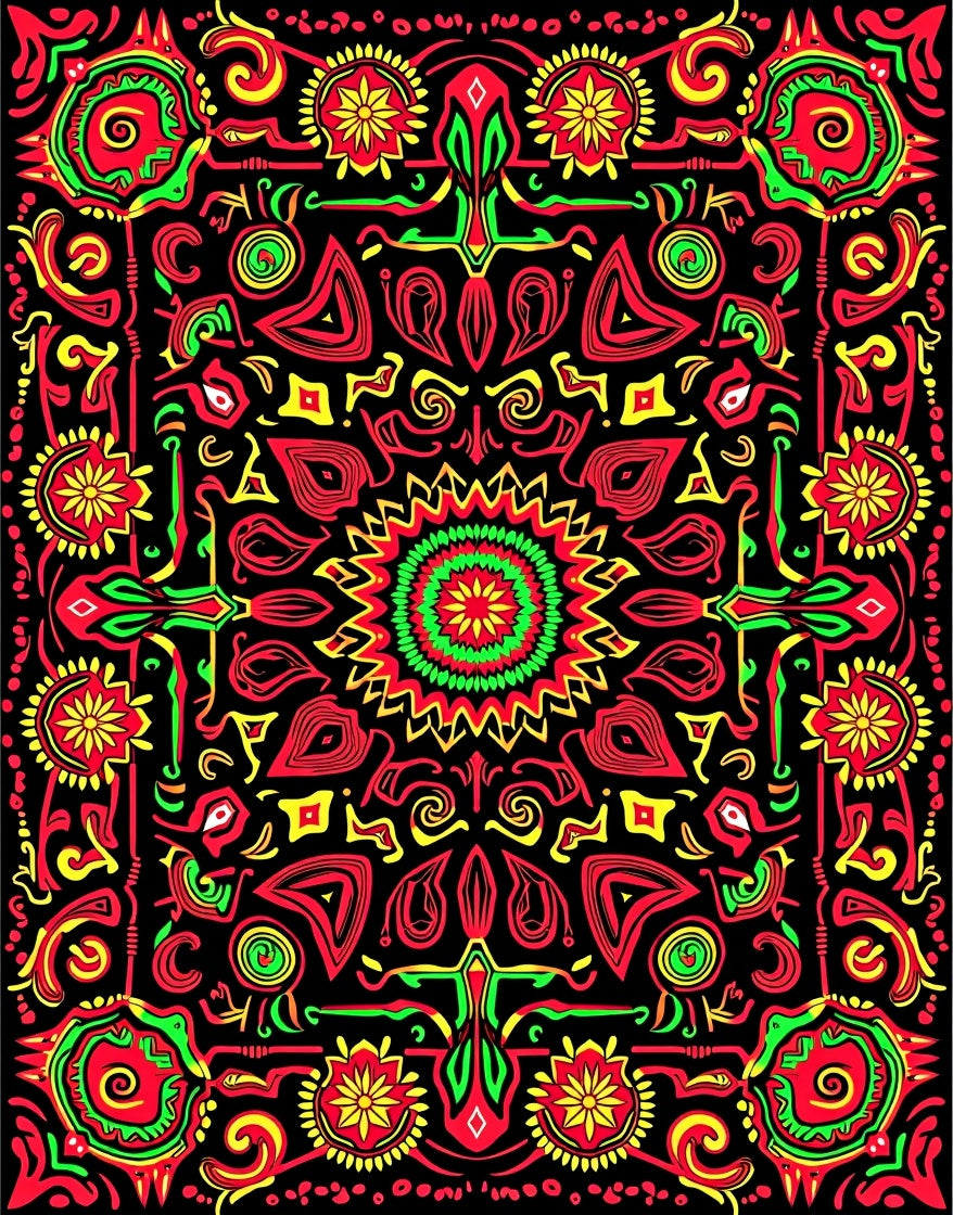 Vibrant tribal sunburst mandala Rug