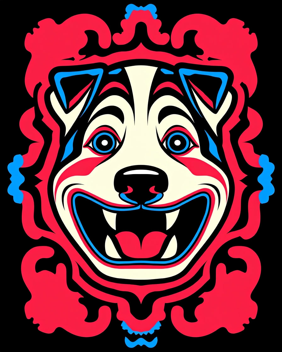 Vibrant Red Blue Dog Face Mask Rug