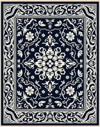 Navy Ivory Floral Scrollwork Rug