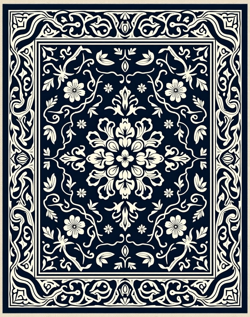 Navy Ivory Floral Scrollwork Rug