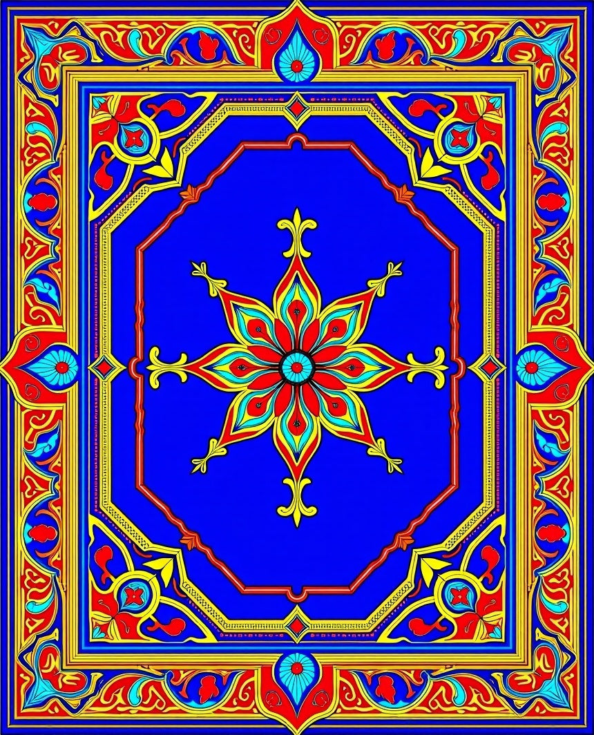 Vibrant Blue Red Golden Floral Medallion Rug