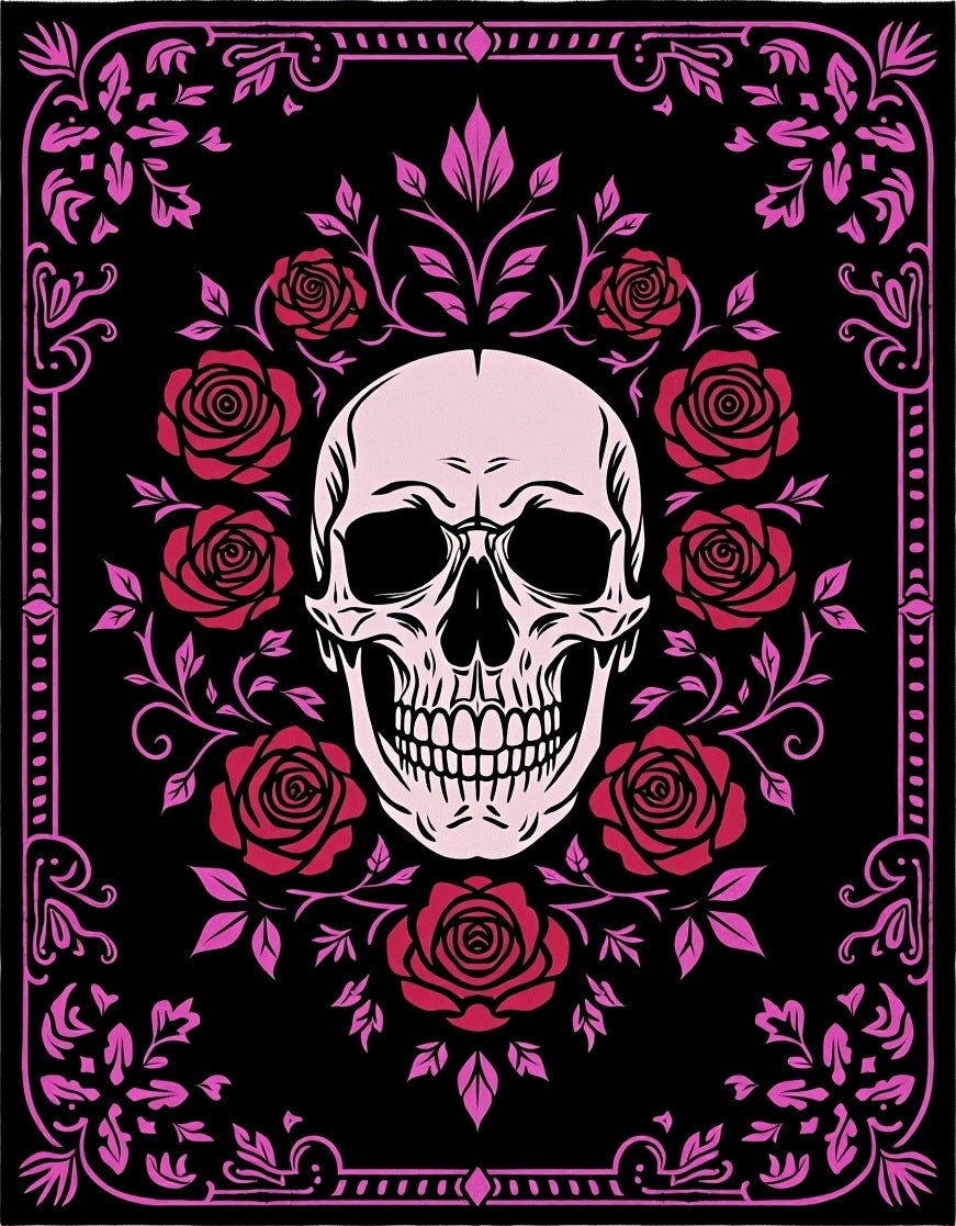 Pink Skull Red Roses Floral Border Rug