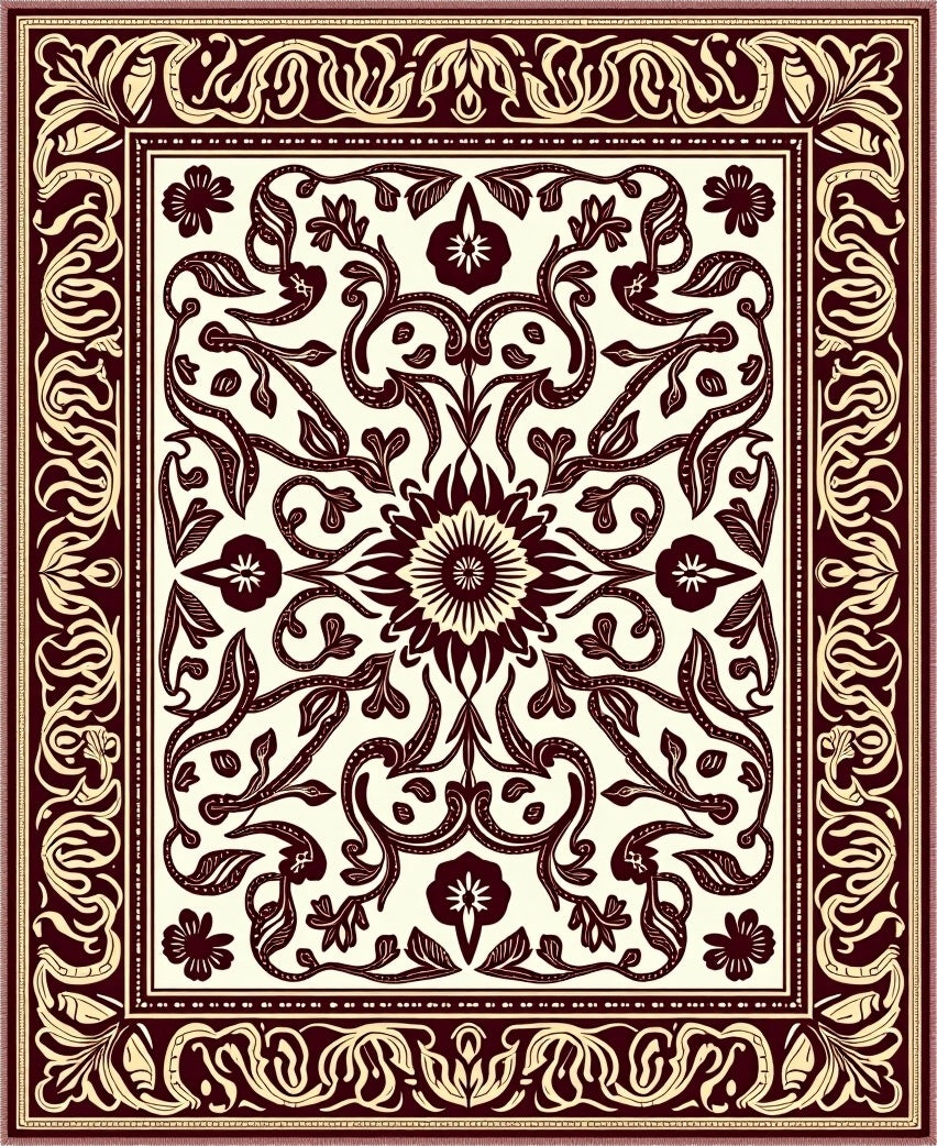 Maroon Cream Floral Medallion Border Rug