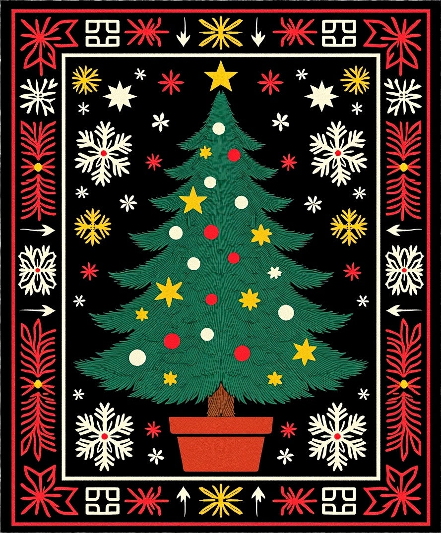 Festive Green Christmas Tree Snowflakes Rug
