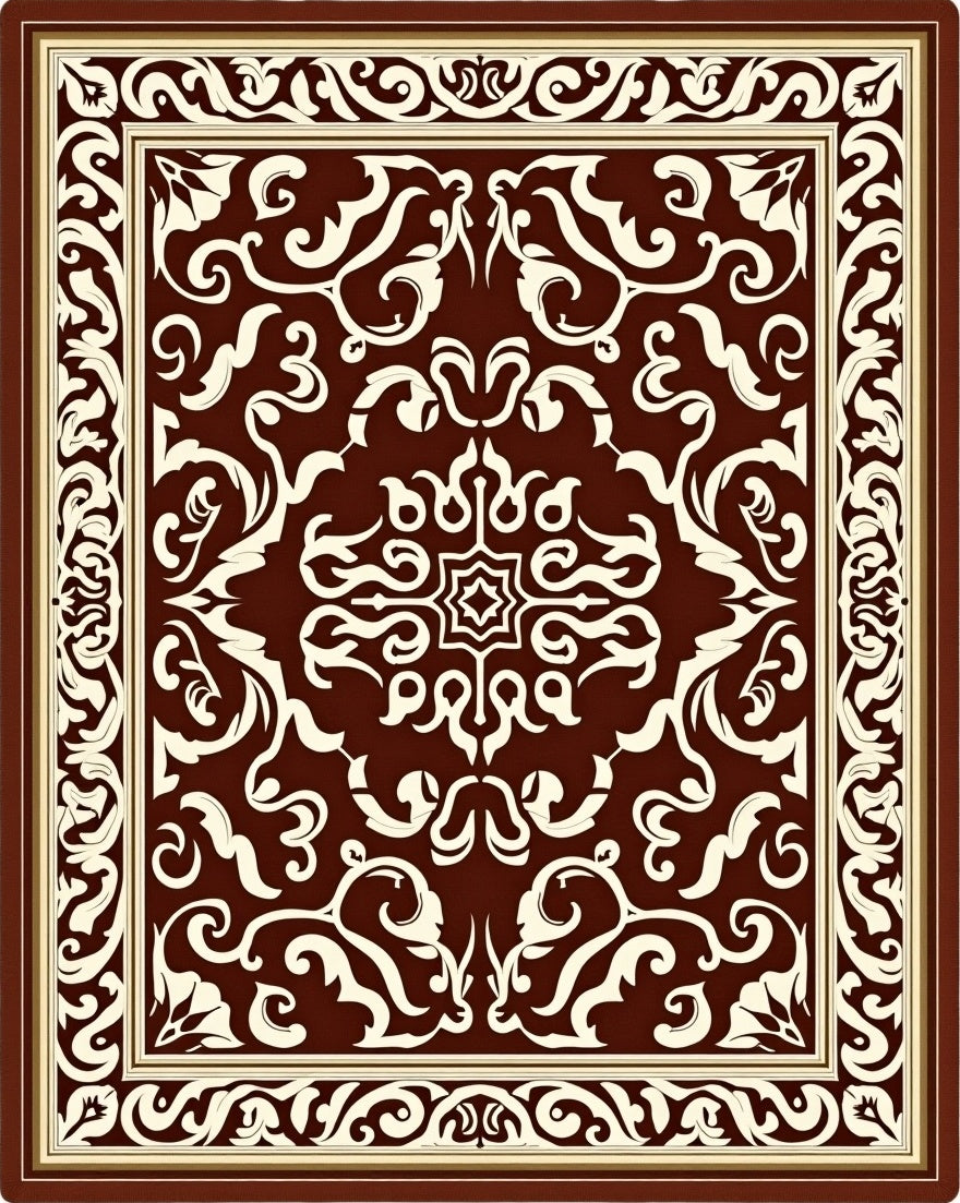 Dark Red Cream Damask Scroll Medallion Rug