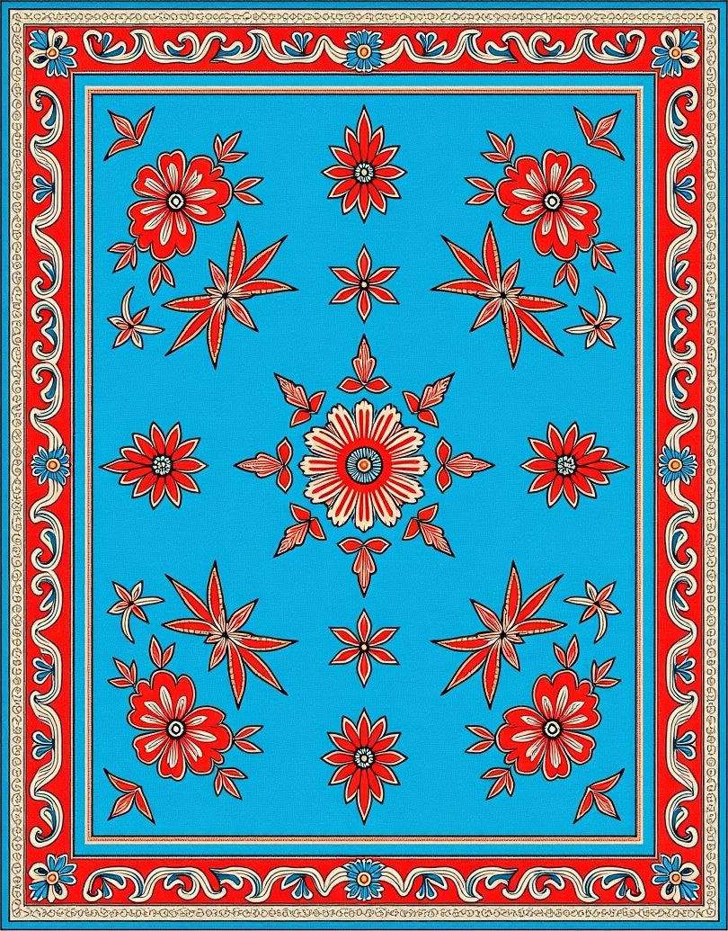 Bold Red Floral Medallion Blue Rug