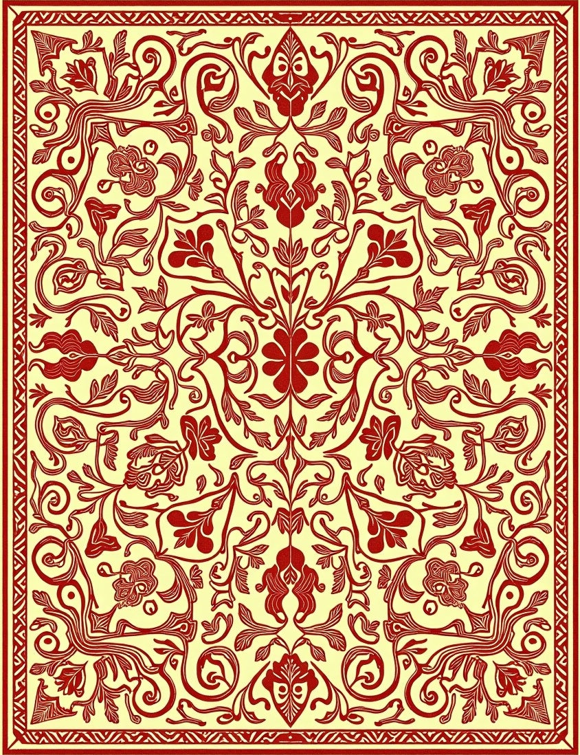 Crimson Floral Vine Mandala Rug
