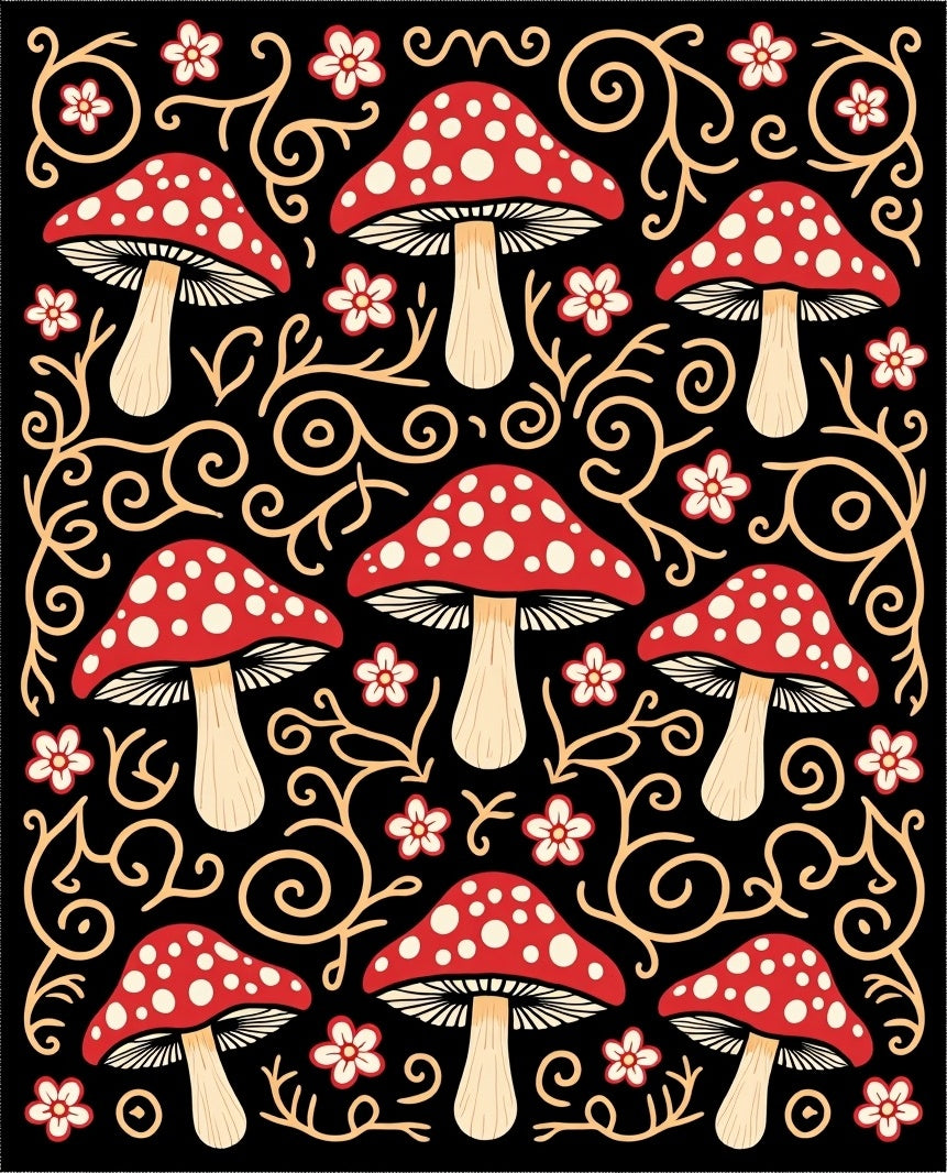 Whimsical Red Mushroom Vines Rug