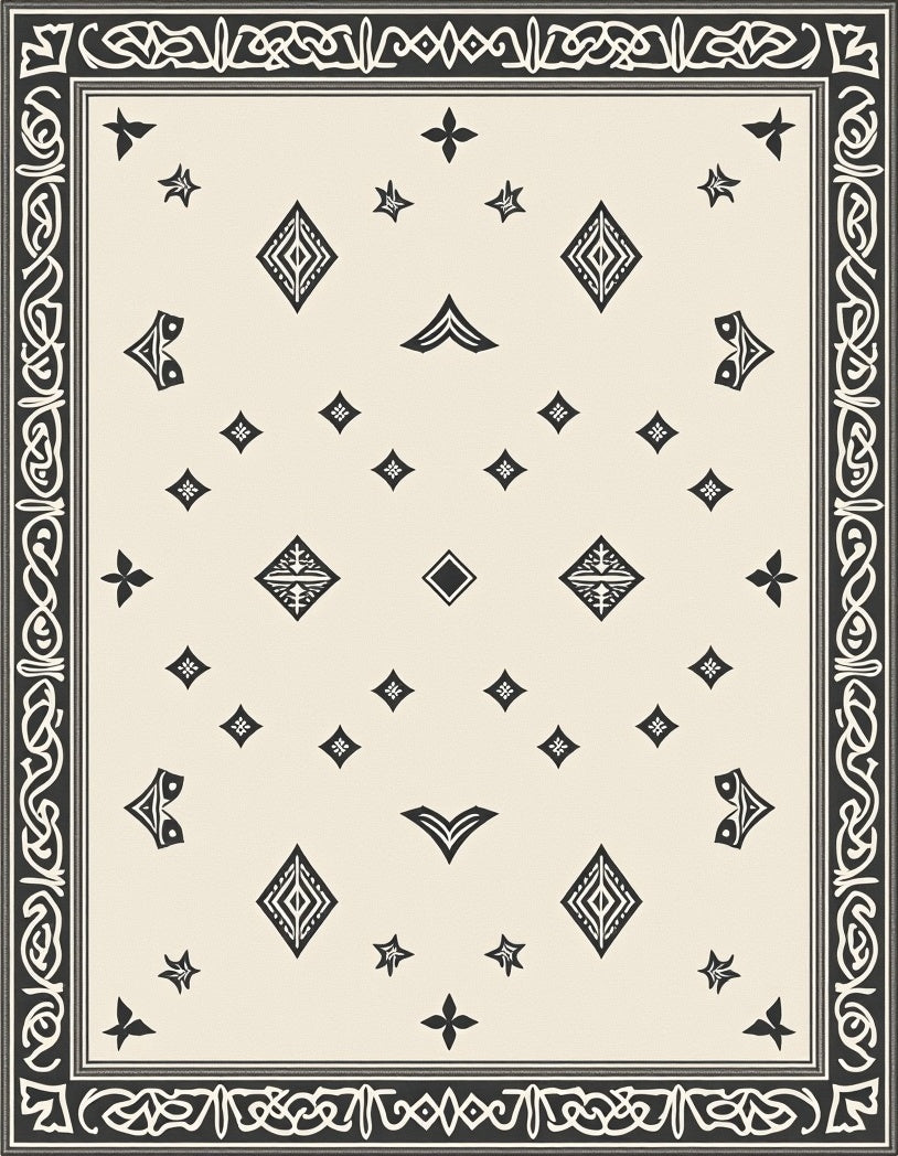 Cream Black Diamond Border Medallion Rug