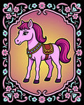 Whimsical Pink Horse Floral Border Rug