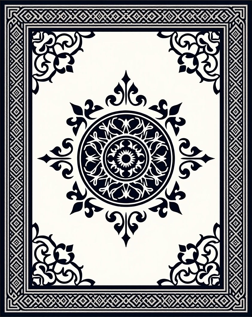 Classic Black White Mandala Border Rug