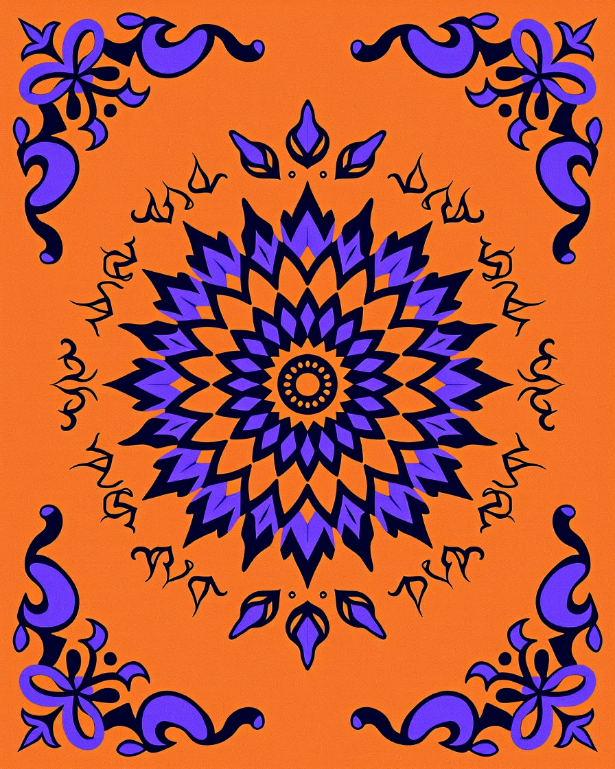 Vibrant Orange Violet Medallion Swirls Rug