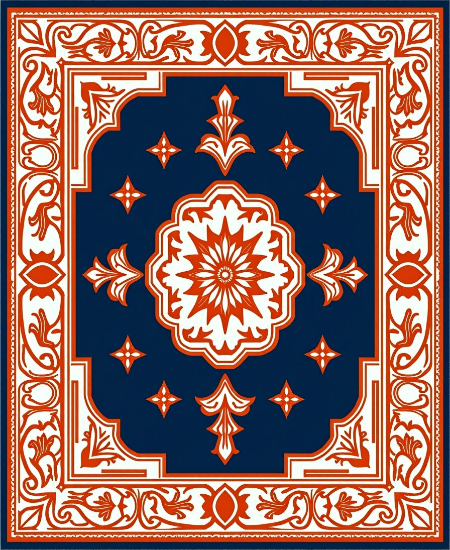Traditional Navy Orange Floral Medallion Rug