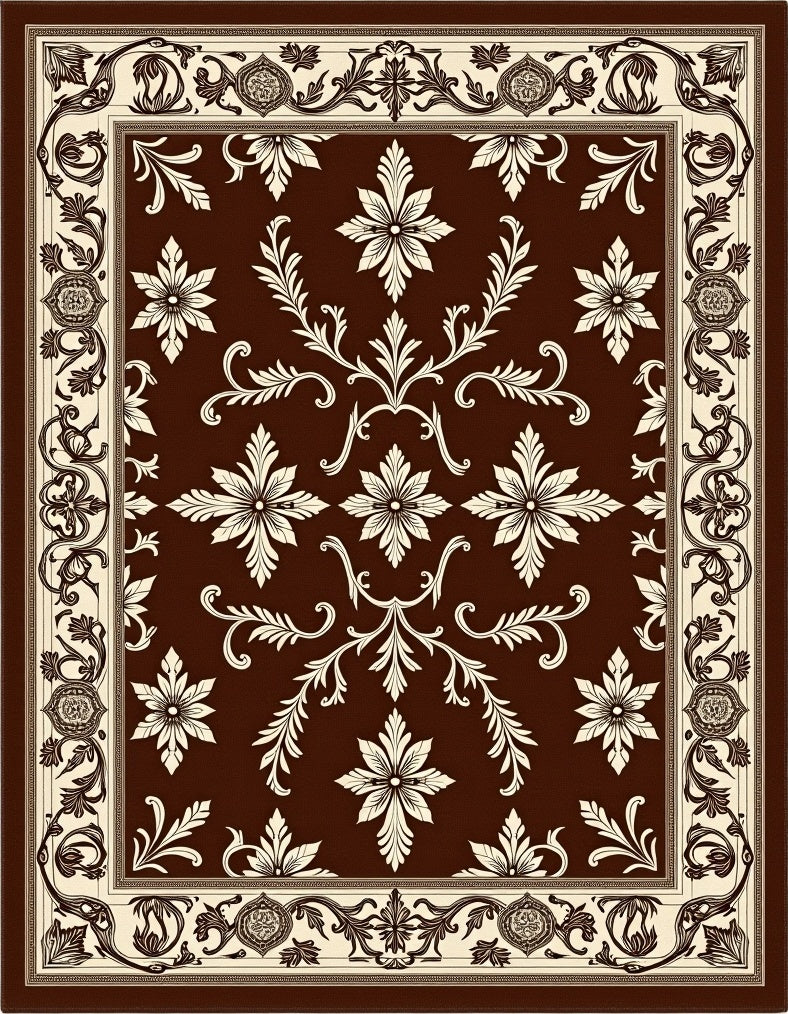 Rich Brown Floral Scroll Medallion Rug