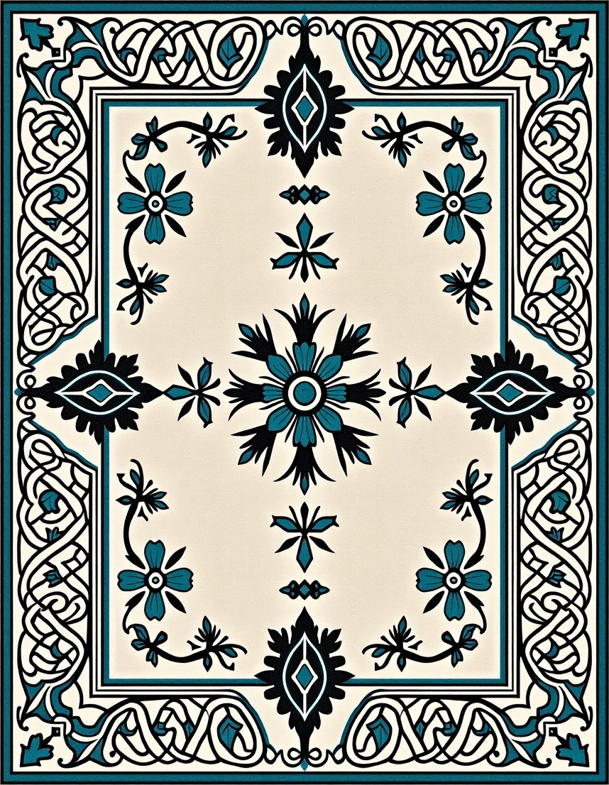 Teal Black Floral Ivory Medallion Rug