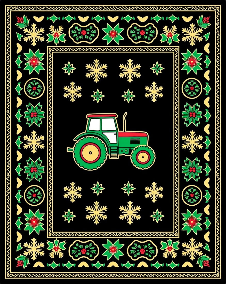 Green Tractor Red Border Black Field Rug